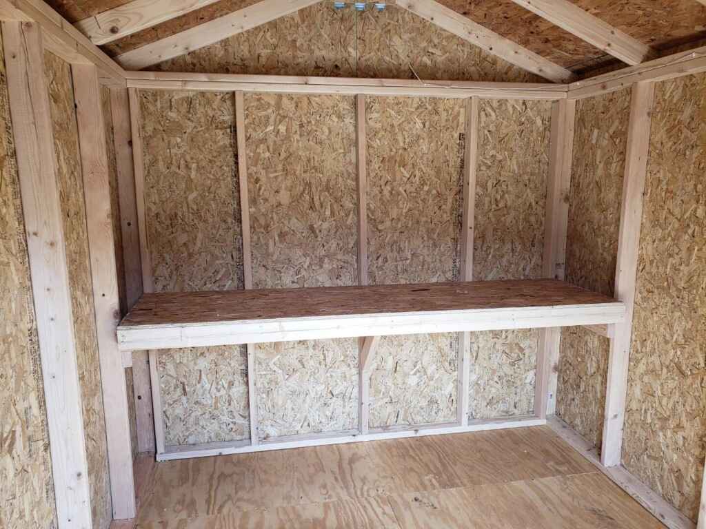 Site built shed with 24 inch workbench for storage or gardening